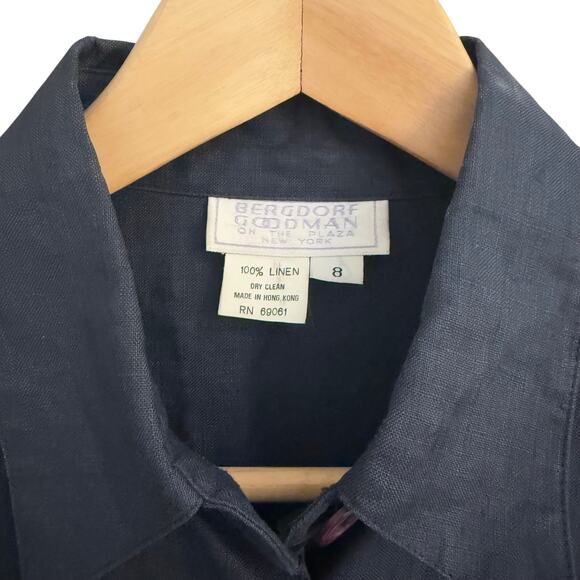 Vintage 80s Bergdorf Goodman Linen Shirt Dress Sz 8 Navy “On the Plaza” Label - Picture 2 of 16